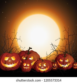 Pumpkin jack skeleton faces Halloween pumpkins Realistic orange pumpkin. Halloween background with the full moon. 
