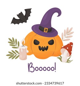 Pumpkin Jack in witch hat with candle, fly agaric and bat. Halloween card. Vector illustration with cartoon style for holiday design, postcards