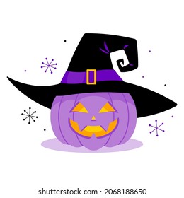 Pumpkin Jack in witch hat. Halloween concept. Purple pumpkin with carving face in carnival costume. Festive vector illustration on white background.