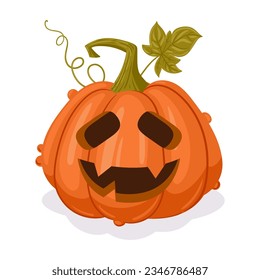 Pumpkin jack-o-lantern. Cartoon scary Halloween carved pumpkin decoration. Spooky Halloween pumpkin face flat vector illustration on white background