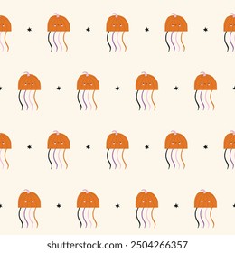 Pumpkin Jellyfish Pattern. Childish Halloween seamless pattern.