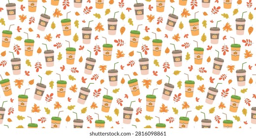 Pumpkin juice, natural vegetable drink in disposable cup. Pattern seamless. Autumn, fall leaves. Food and drink, harvest.