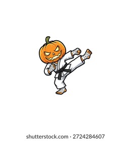Pumpkin karate fighter doing kick icon flat vector design.