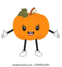 Pumpkin kawaii cartoon character wants hugs. Vector illustration.