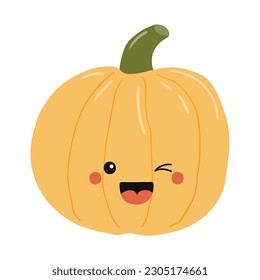 Pumpkin with kawaii face cute cartoon character illustration. Hand drawn style flat design, isolated vector. Kids print element, healthy, seasonal food, farm, harvest, summer, autumn