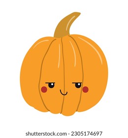 Pumpkin with kawaii face cute cartoon character illustration. Hand drawn style flat design, isolated vector. Kids print element, healthy, seasonal food, farm, harvest, summer, autumn