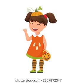 Pumpkin kid halloween. Spooky costume, trick or treat tradition vector cartoon illustration