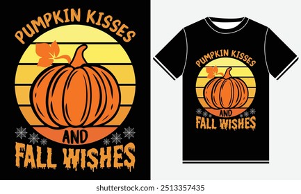 Pumpkin Kisses and Fall Wishes T-shirt, Halloween T shirt Design, Pumpkin Ghost, Cute Ghost, Halloween Elements, Vector illustration, Funny Halloween T shirt Design, USA T-shirt Design Template, Print