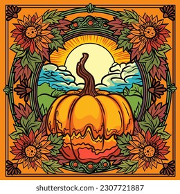 Pumpkin with landscape and sun on the sky coloring page vector illustration 