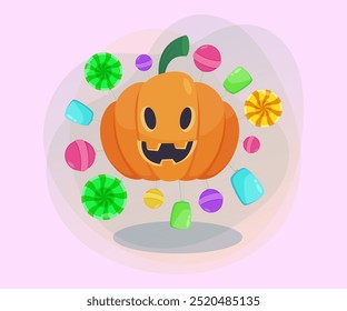 Pumpkin lantern among lollipops on abstract background. Halloween banner design. Halloween celebration, holiday, treat concept. Vector illustration for poster, postcard or invitation