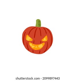 Pumpkin lantern with carved face and evil smile. Creepy Halloween Jack with light and flame. Scary squash head with eyes for October holiday. Flat vector illustration isolated on white background