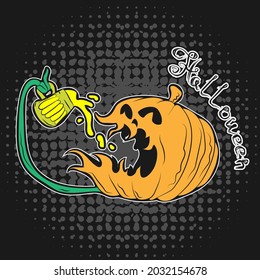 pumpkin lantern character drinking beer on a black isolated background drawing eps