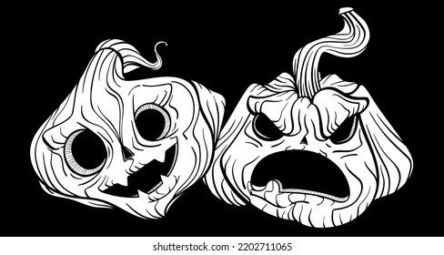 Pumpkin Lantern With Evil Grin In Inked Style