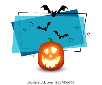 Pumpkin lantern and flying bats nearby. Halloween and fear concept. Banner design on bright abstract background. Vector illustration can be used for invitations, posters, postcards