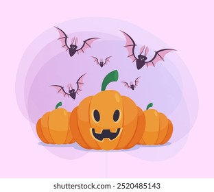 Pumpkin lantern and flying bats on abstract background. Halloween banner design. Halloween celebration, party concept. Vector illustration for invitation, postcard or poster