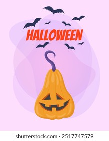 Pumpkin lantern for Halloween banner design. Flying bats on abstract background. Celebration, holiday, party concept. Vector illustration for invitation or poster