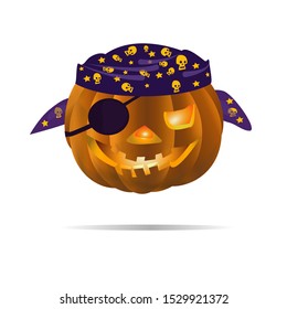 Pumpkin lantern for Halloween in the form of a pirate head in a bandana and an eye patch. Vector illustration.