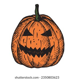 Pumpkin lantern hand drawn vector illustration on isolated white background. Halloween lantern, funny pumpkin face for congratulations on Halloween, All Saints Day, autumn holiday. Design element 