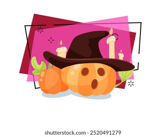Pumpkin lantern in hat with candles on abstract background. Halloween banner design. Celebration, party, holiday concept. Vector illustration can be used for poster or invitation
