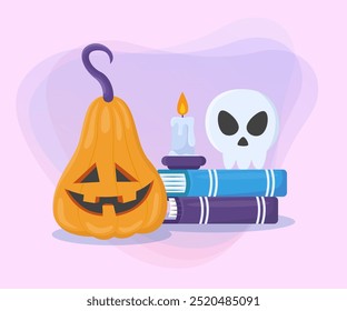 Pumpkin lantern, skull, candle and magic books on abstract background. Halloween banner design. Celebration, holiday, party, magic concept. Vector illustration for invitation or poster