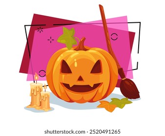 Pumpkin lantern vector illustration. Witches broom and candles on abstract background. Halloween banner design. Celebration, holiday concept. Can be used for poster or invitation