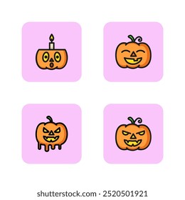 Pumpkin lanterns line icon set. Jack-o-lantern, monster, candle, vegetable. Halloween decoration concept. Vector illustrations can be used for topics like holiday, horror movie, fall