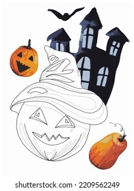 pumpkin lanterns on the background of the old castle doodle style, coloring book, coloring page for kids
