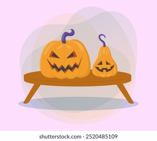 Pumpkin lanterns on table on abstract background. Halloween banner design. Halloween celebration, holiday, carving, party concept. Vector illustration for invitation, postcard or poster