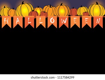 Pumpkin lanterns and party flags on Halloween festival vector background.