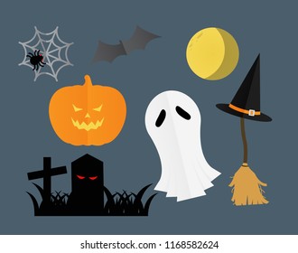 Pumpkin lanterns, white flying ghost, witch, cobweb with spider and bats of Happy Halloween set  for poster banner web ads and card