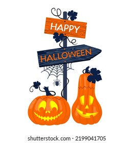 Pumpkin Lanterns With A Wooden Pointer And A HAPPY HALLOWEEN Greeting. Vector Illustration. For Printing Holiday Cards, Stickers, Posters, T-shirts, Mugs.