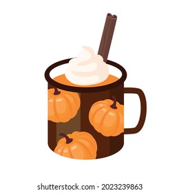 Pumpkin latte in a brown mug with a pattern, cinnamon stick. Vector clipart , white background.