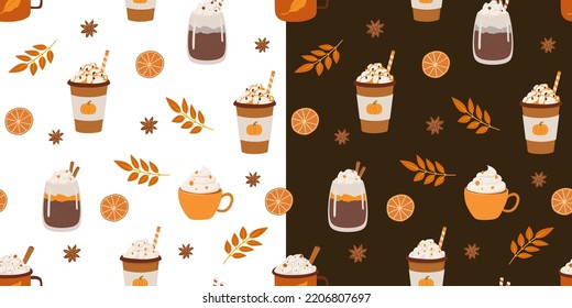 Pumpkin latte, cappuccino, hot chocolate flat seamless pattern. Autumn beverage vector illustration. Coffee shop, Wrapping paper, fabric design