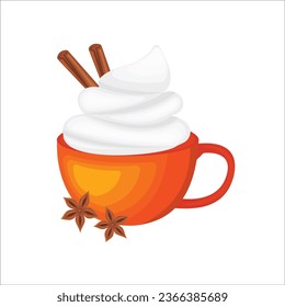 Pumpkin latte with cinnamon in a brown cup illustration vector