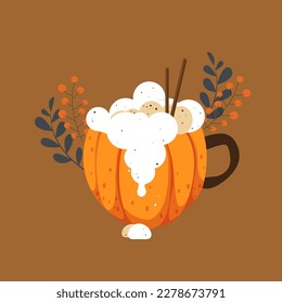 pumpkin latte with cinnamon in floral decorated mug on brown background. Vector illustration. Autumn mood hot drink