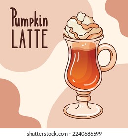 Pumpkin latte coffee mug. Whipped cream hat. Vector cartoon illustration  for menu, greeting card or print design