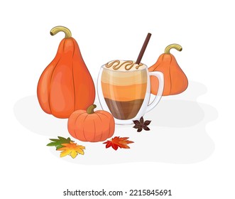 Pumpkin latte with cream and pampkins. Fall season drink in a cup. Autumn design.
