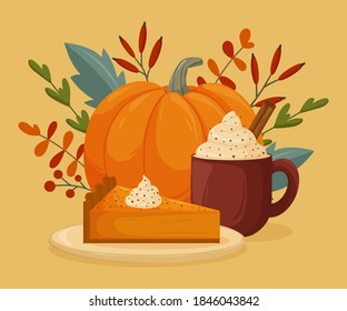 Pumpkin latte with cream and sweet piece of pumpkin pie with cinnamon. Happy Thanksgiving day. Design for Holidays invitation card, poster, banner, postcard, print. Vector illustration.