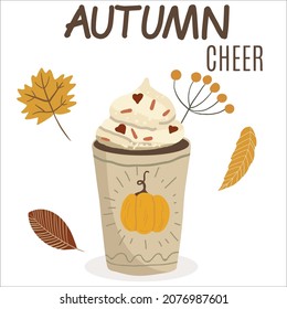 Pumpkin latte cup with leaves, branches, rowan. Lettering Autumn, Thanksgiving, harvest festival.