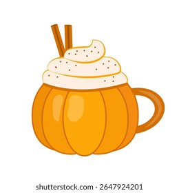 Pumpkin latte isolated on white background. Autumn coffee drink with whipped cream. Vector illustration.