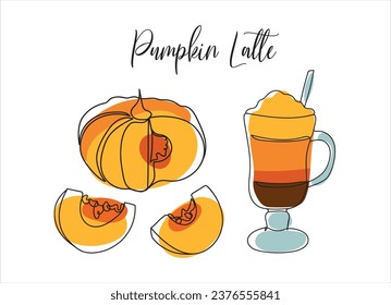 Pumpkin latte outline illustration. Pumpkin and coffee cup contour with bright abstract elements. Autumn Thanksgiving drink vector isolated on white. Autumn pumpkin line art. Minimalist art