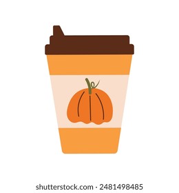 Pumpkin latte in a paper glass. Hand drawn autumn drink isolated on transparent background. Suitable for design and sublimation of Thanksgiving and Halloween greeting cards.