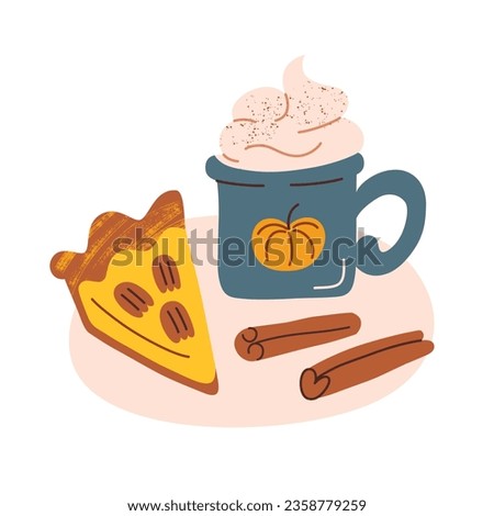 Pumpkin latte with pecan pie, autumn mood hand drawn composition, icons for cafe and bakery menu, cinnamon doodle, vector illustration of mug with hot coffee, halloween coffee, colored clipart 