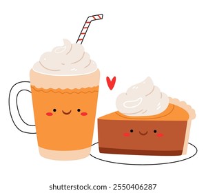 Pumpkin latte and pumpkin pie. Cute couple. Food from a coffee shop.