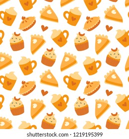 Pumpkin latte, pie and muffin seamless vector texture. Thanksgiving pattern