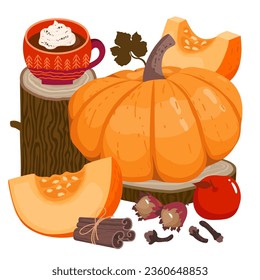 Pumpkin latte spice set. Coffee cup, large pumpkin, pumpkin slices, cinnamon bunch, spices. For online design and printing of stickers, pillow decor, posters, cards. Illustrated vector clipart.