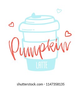 Pumpkin latte typography text over coffee cup vector illustration. Line art design