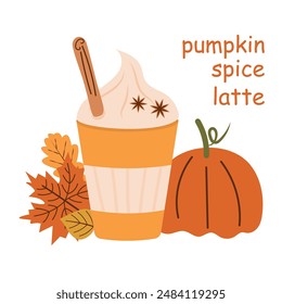 Pumpkin latte. Vector illustration of pumpkin, a drink with cinnamon and autumn leaves on a white background. Eps 10 The lower horizontal border