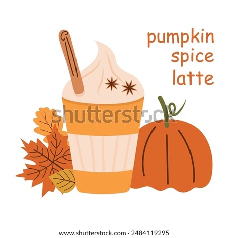 Pumpkin latte. Vector illustration of pumpkin, a drink with cinnamon and autumn leaves on a white background. Eps 10 The lower horizontal border
