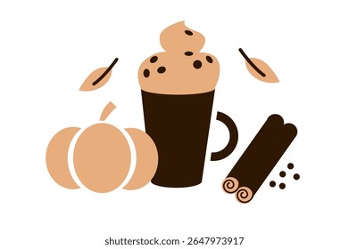 Pumpkin latte with whipped cream and chocolate chips, surrounded by cinnamon sticks, pumpkin, falling leave